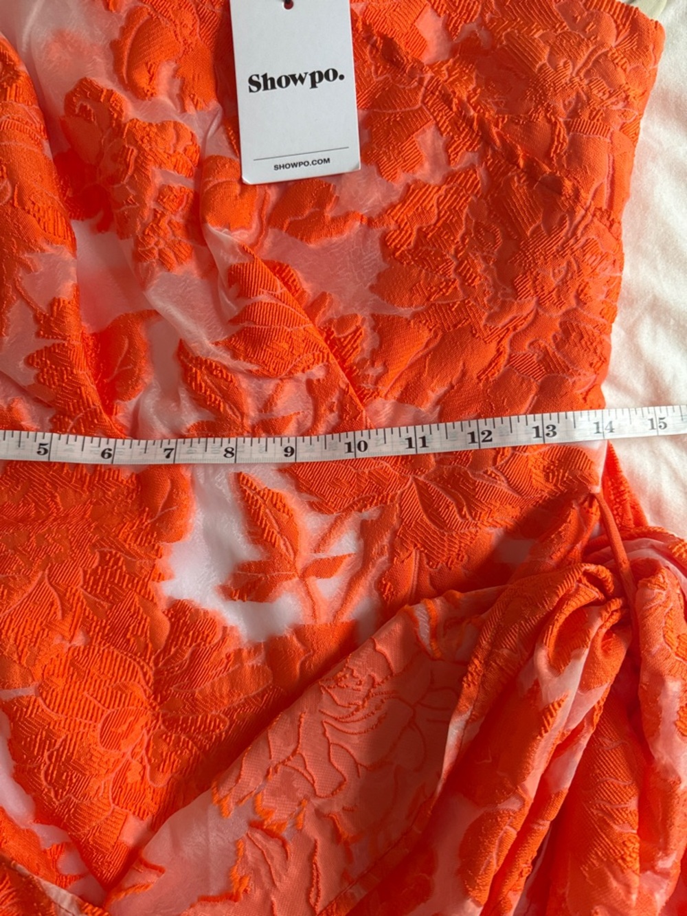 NWT Showpo Brailey One Shoulder Mini Wrap Front Dress Orange Jacquard 6 - Picture 10 of 11